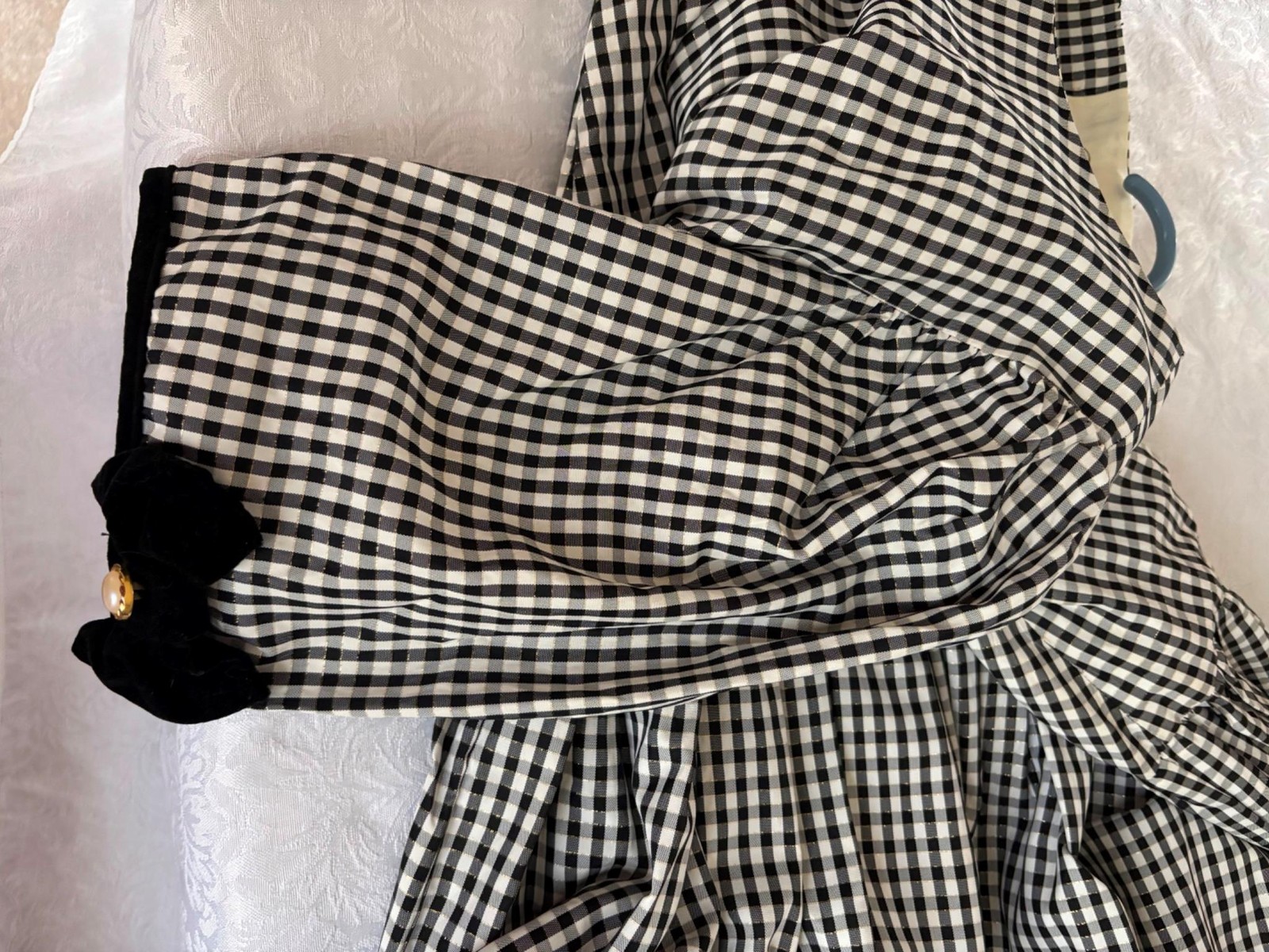 Vtg. Misty Lane Gingham Party Dress, Black Velvet Bows, 7/8