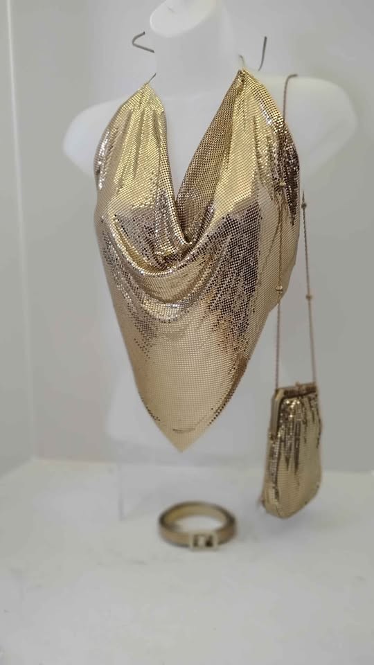 1970’s Women’s O/S Disco Gold Chainmail Metal Mesh Halter Top Belt & Purse 3 PCS