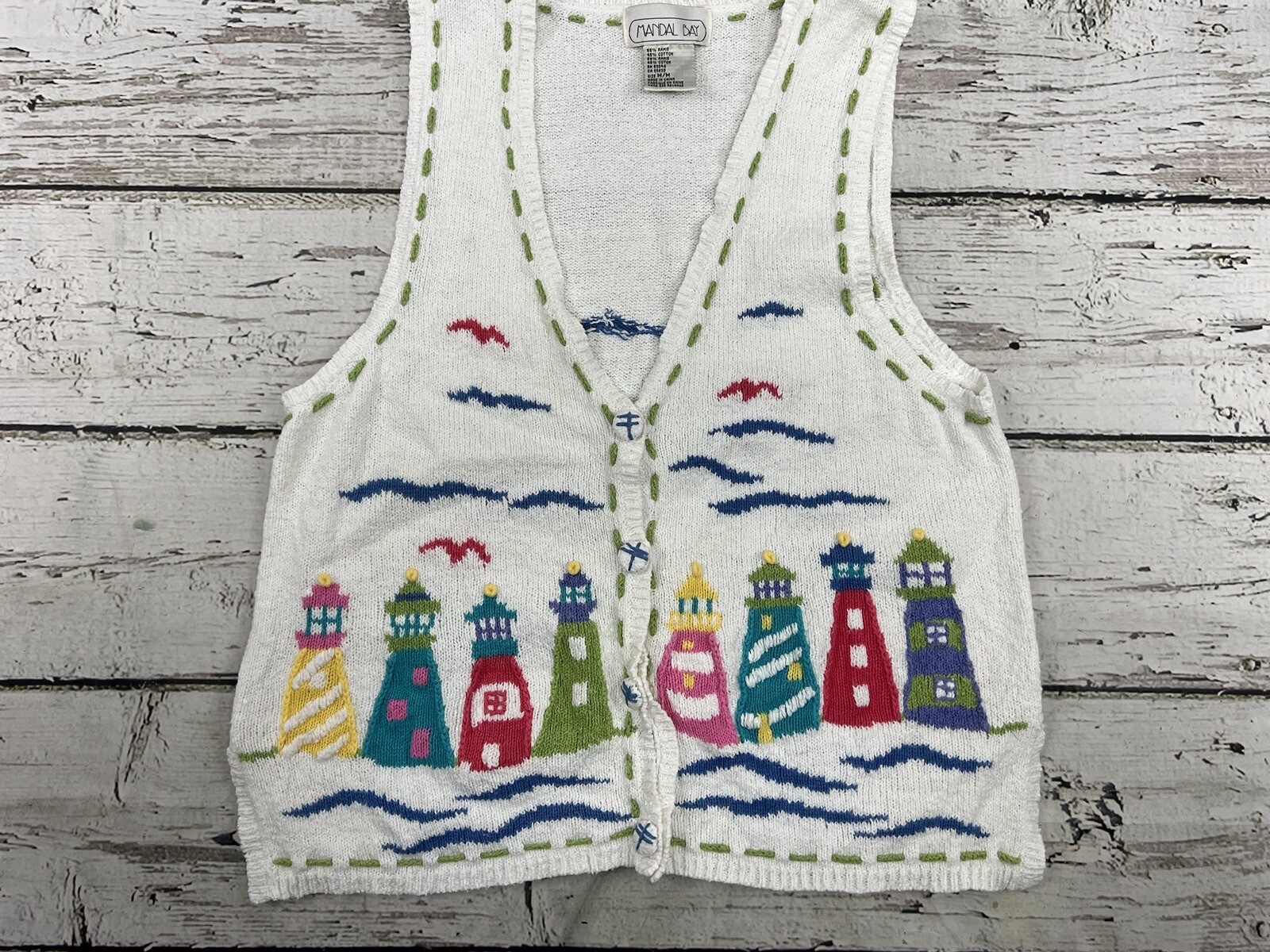VTG Mandal Bay Lighthouse Themed Seagulls Women’s White Knit Sweater Vest – Sz M