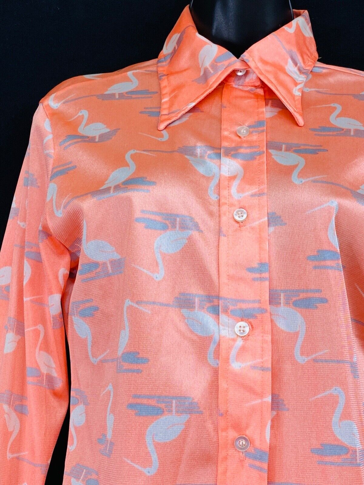 Vintage 1970s pink novelty print shirt, orange heron bird blouse deadstock disco
