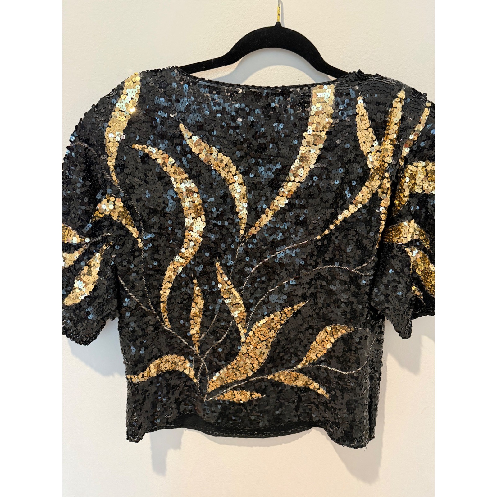 Vintage Iris Sequin Top Black Gold Beaded Evening Blouse Large