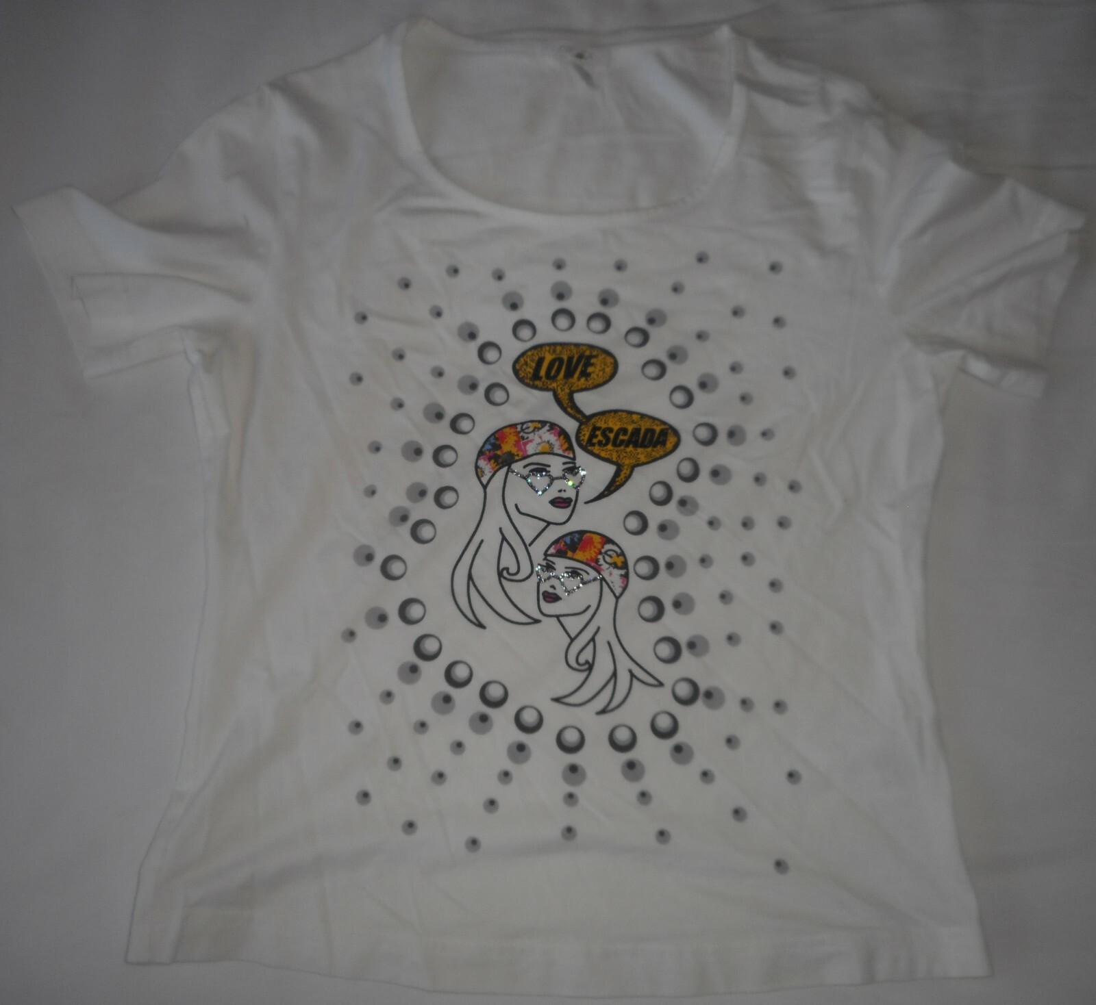 ESCADA Shirt Blouse White Cotton Vintage Logo Love Rhinestones Cotton 8 38