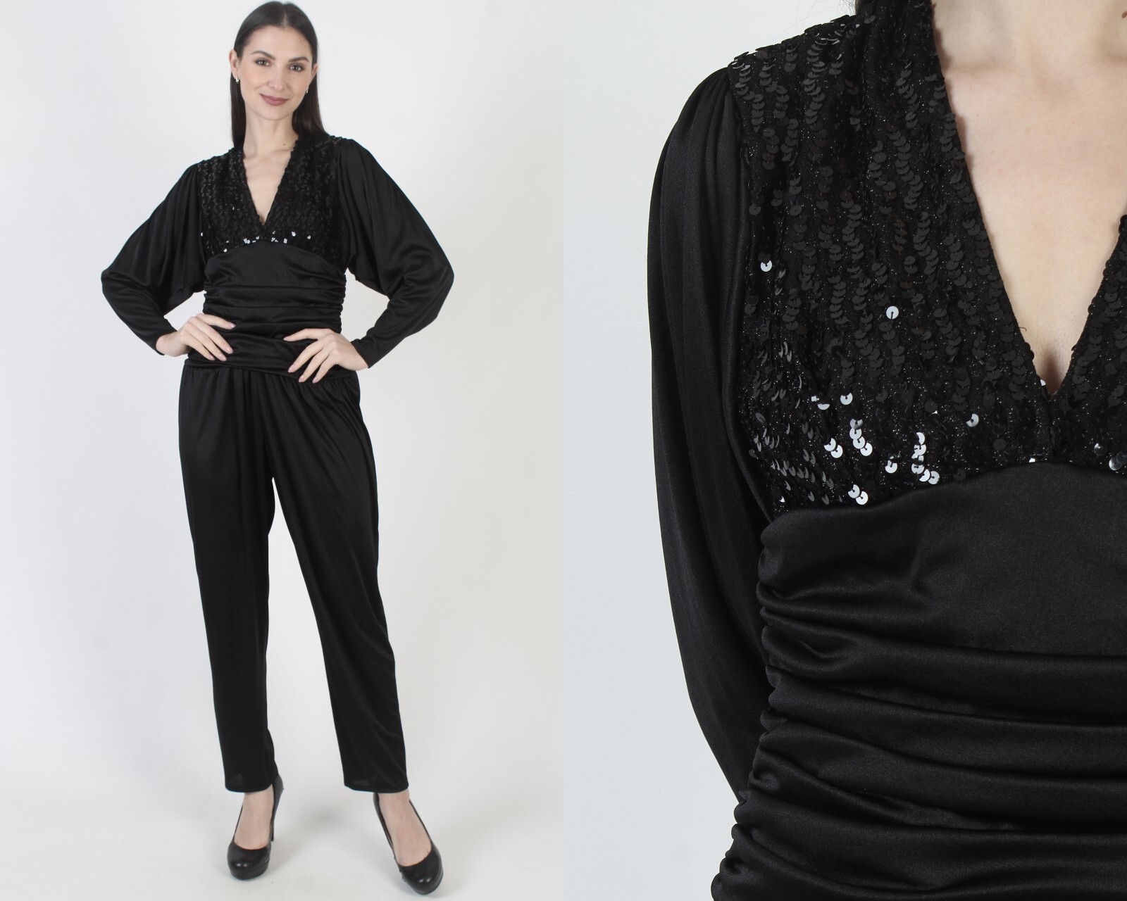 Vintage 80s Black Sequin Jumpsuit Deep V Open Back Backless Disco Maxi Playsuit