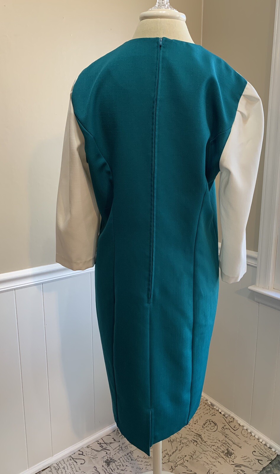 Vtg 80s Does 60s Secretary Dress Teal White Sz 16 Retro Flight Attendant Costume