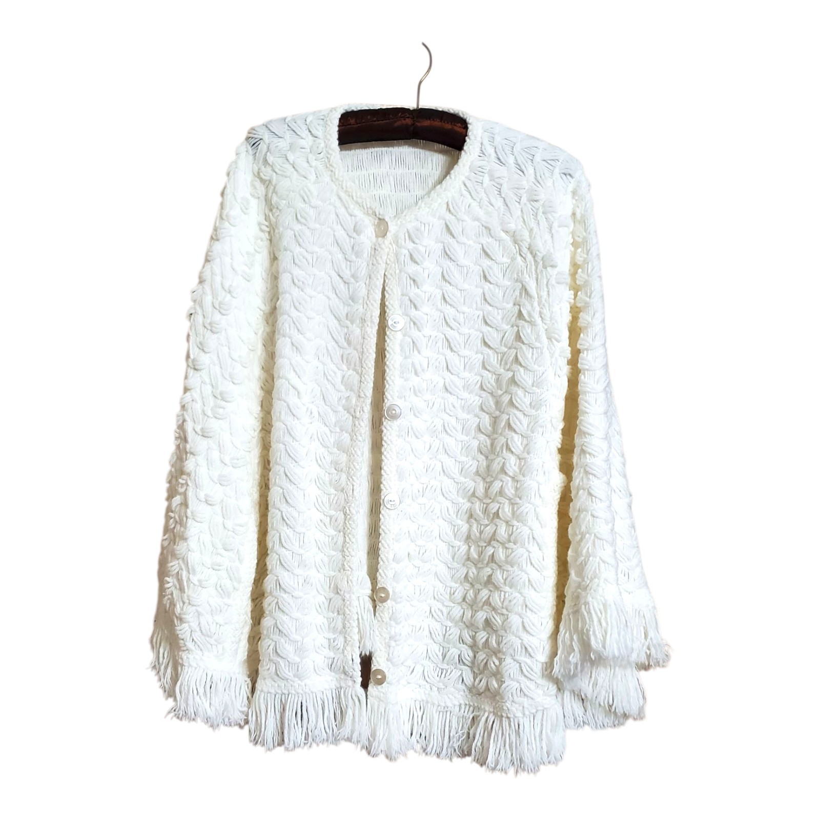 Vtg Fringed Sweater Poncho Cape Women’s OS Acrylic Knit Shawl With Arm Holes
