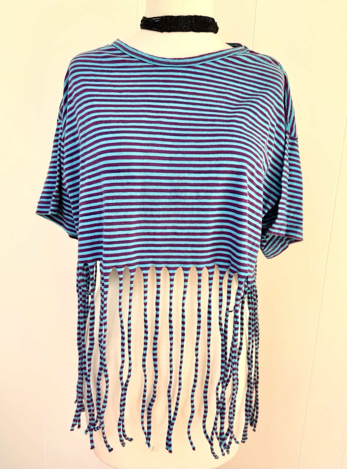 Vintage Jou Jou 80s Striped Crop Fringe Shirt Tee T One Size Blue Purple VTG