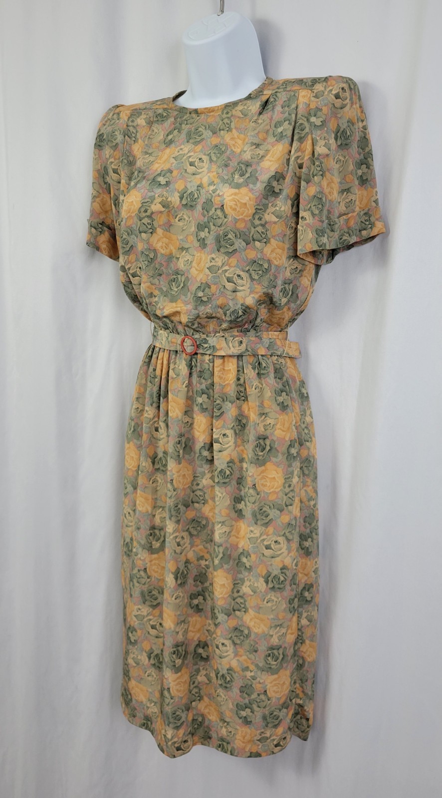 Vintage Taurus II Muted Green & Gold Floral Blouson Dress w Belt Size 4