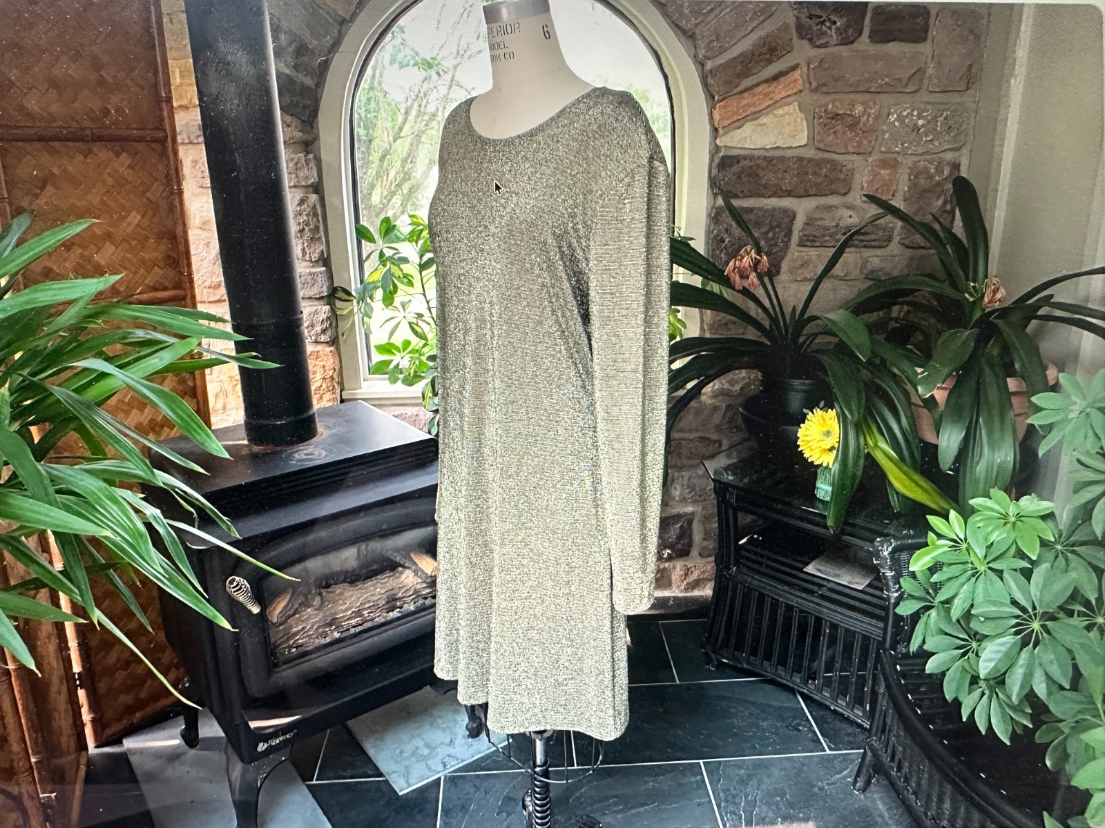 Vintage 1980s Black Metallic Gold and Silver Knit Dress Expo Made in USA