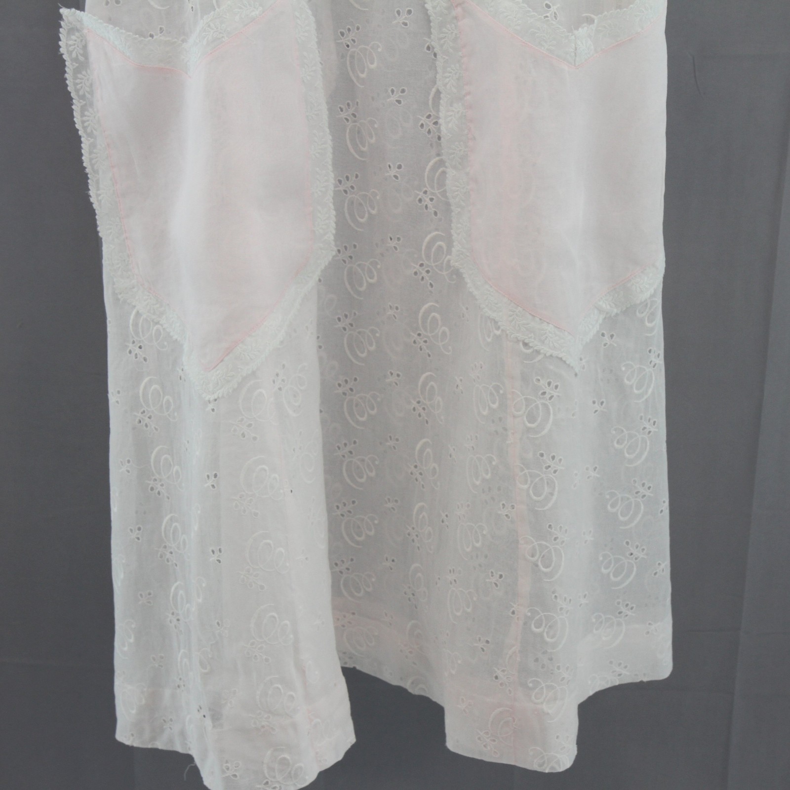 Vintage 1940s-50s Pink Organdy Embroidered Dress Lace Trim Hand Sewn Hem