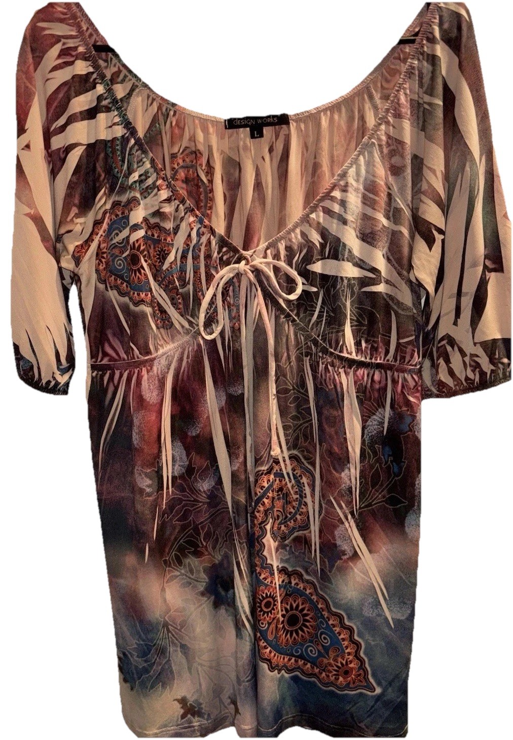 Women’s Large Top Boho Y2K Mandala Print V Neck Tunic Brown Tan Rust Blue Blouse
