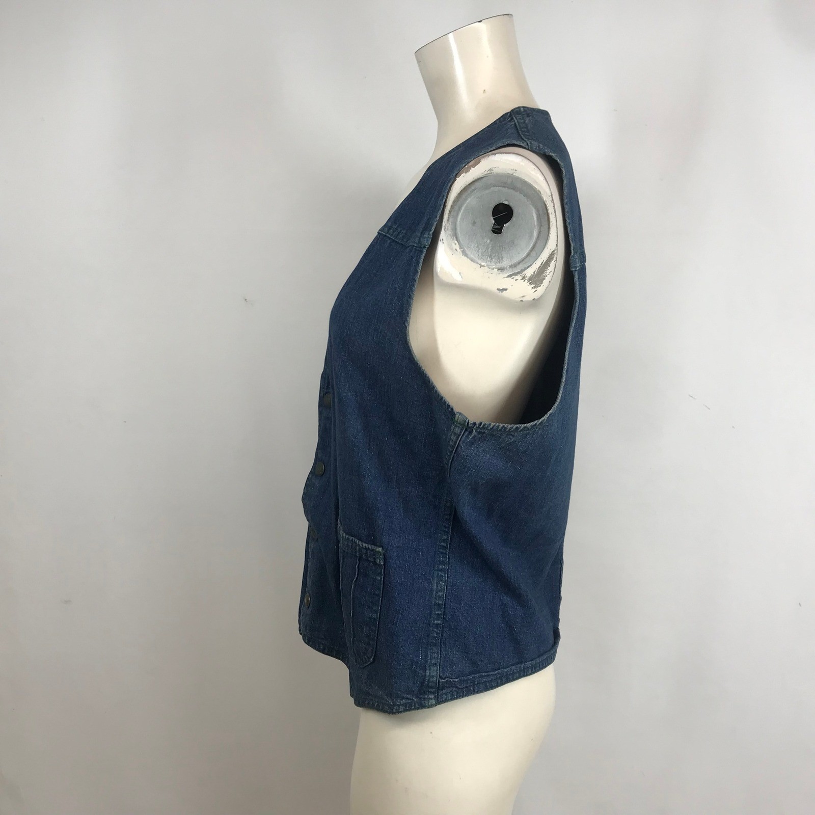 Vintage LEVI STRAUSS Dark Wash Denim Vest Green StitchButton Front Western Blue