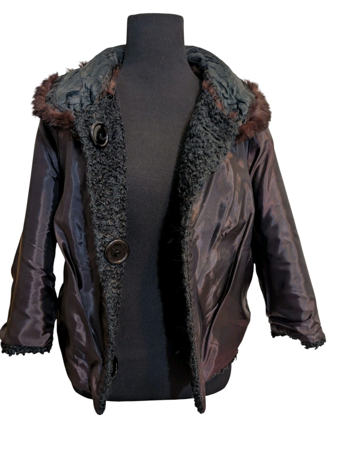 VTG WINTER brand 60s Women’s Black Wool Boucle 3/4 Slv Crop Jacket Brown Fur Med