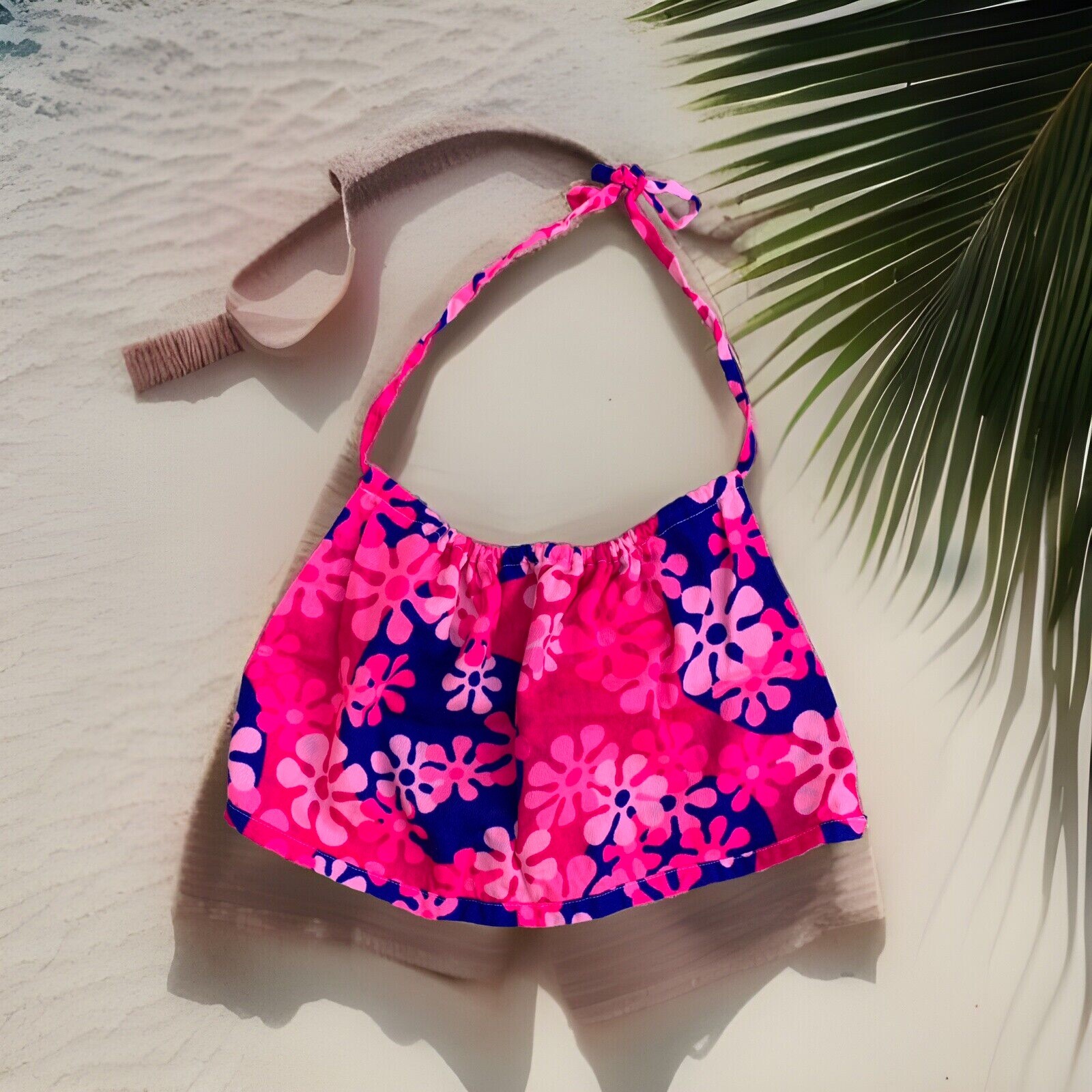 Vintage Halter Top Psychedelic Mod Hippie Chic Hawaii Floral Pink Blue Hippy