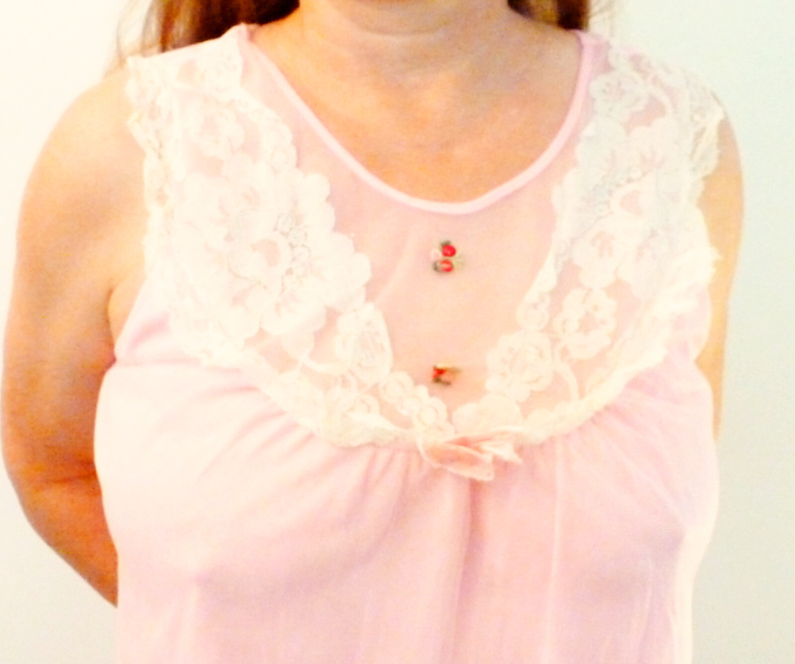 PARAMOUNT ELEGANT VTG DOUBLE LAYER PINK LACY ROSETTES CHIFFON NIGHTGOWN L VGVC