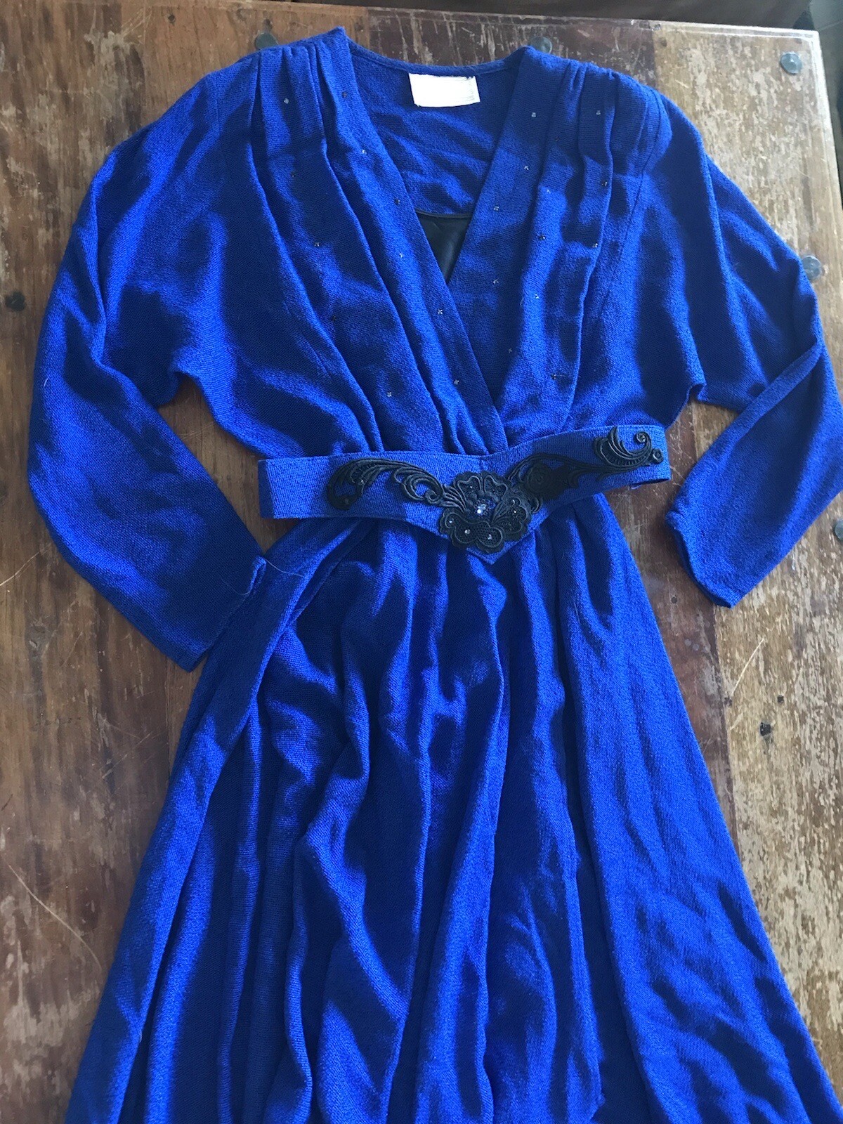 VTG 80s Spencer Alexis cobalt blue rhinestone dress batwing sleeves durable warm