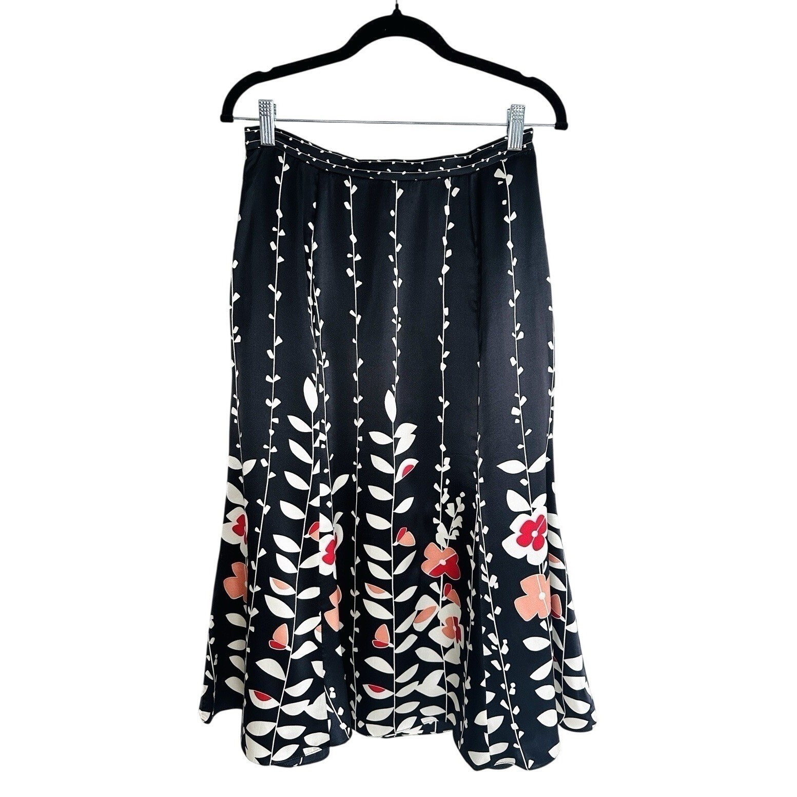 VTG Talbots 100% Pure Silk Floral Midi Skirt Size 6 Black Pink White Botanical