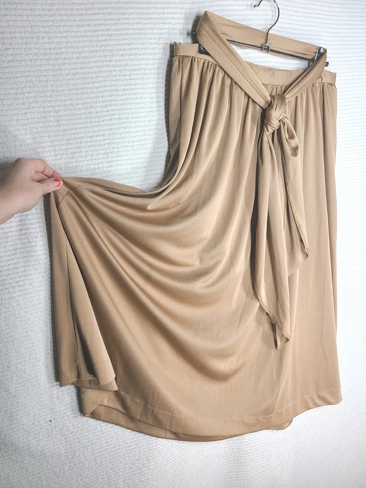 Vintage 1970s Halston Liquid Knit Skirt wSash 28w Disco Twirl Tan Taupe