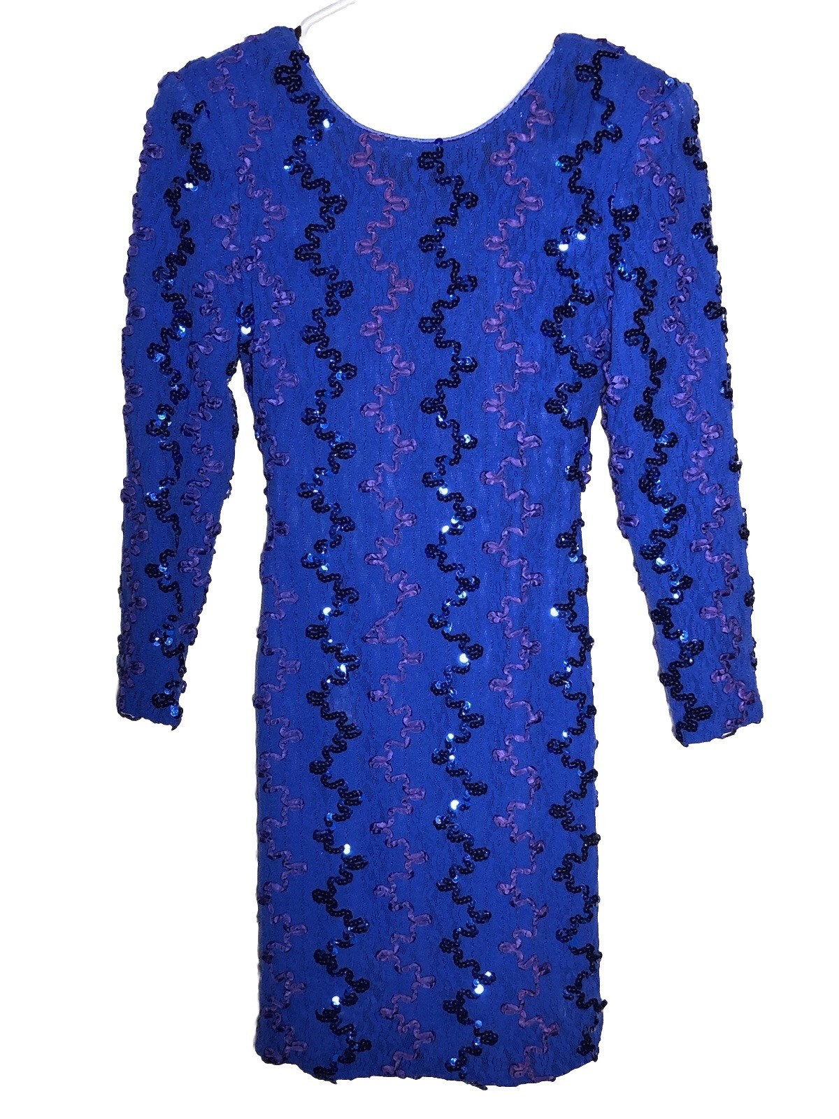 Vtg 90s Dress Blue Sequin Body Con Cocktail Evening Date Ribbon Lace Sequins S