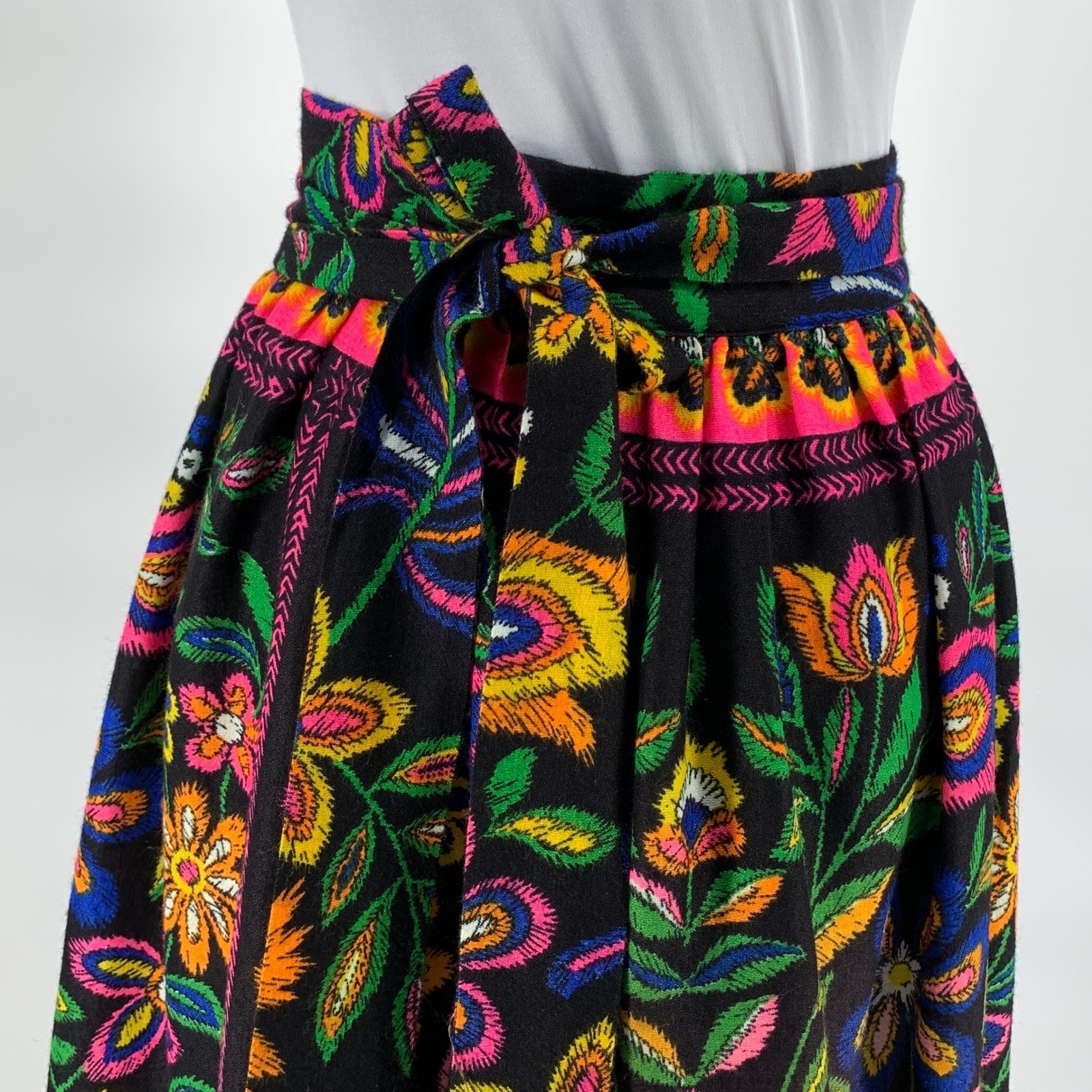 Vintage Joseph Magnin Floral Wrap Skirt Black Neon Pink Gingham Lined Boho 9