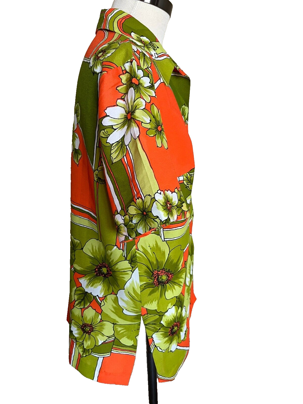 Vintage 1970s Womens Hawaiian Shirt Blouse Top Large Orange Green Floral Retro