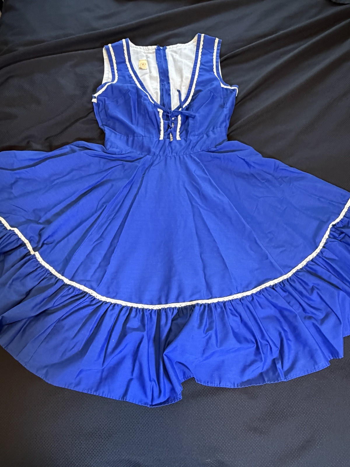 Vtg. 70’s Partner Please Square Dancing Dress~14~Blue Lace up Bodice Rockabilly