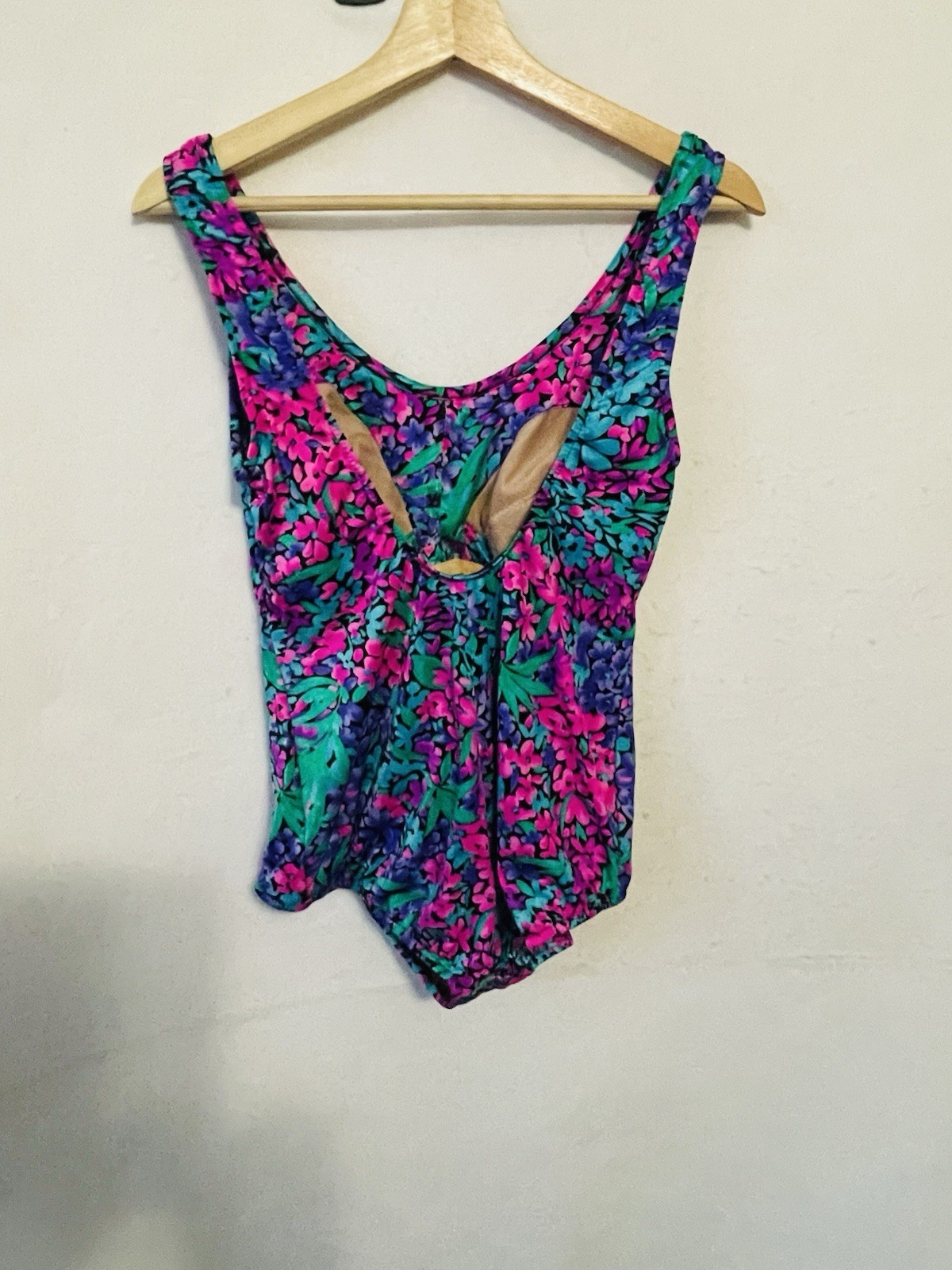 Vintage Maxine of Hollywood Floral One Piece Swimsuit Purple Teal Pink Size 16W