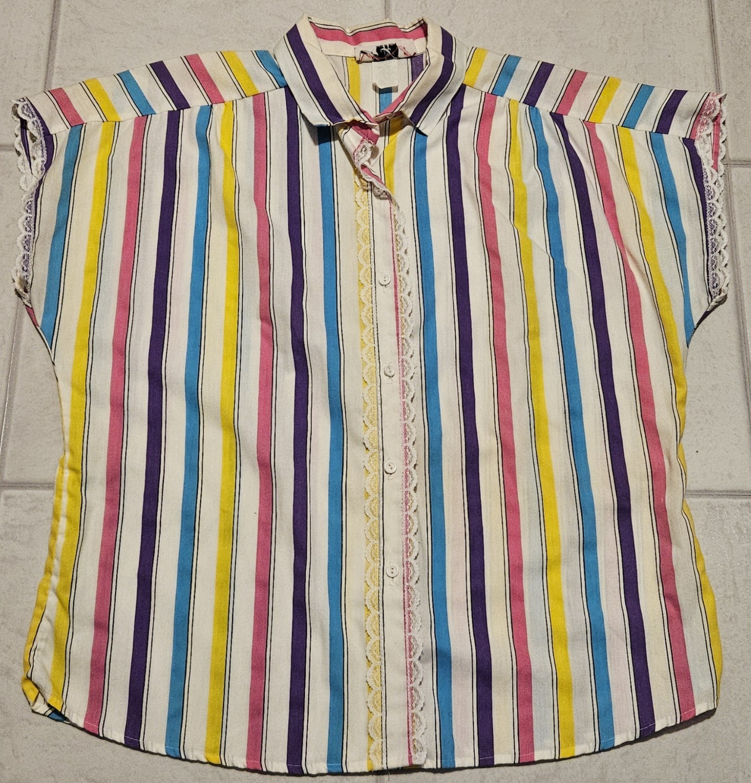 Vintage JF1 Womens Shirt Size Large Bright Striped Button Down Lace Made In USA