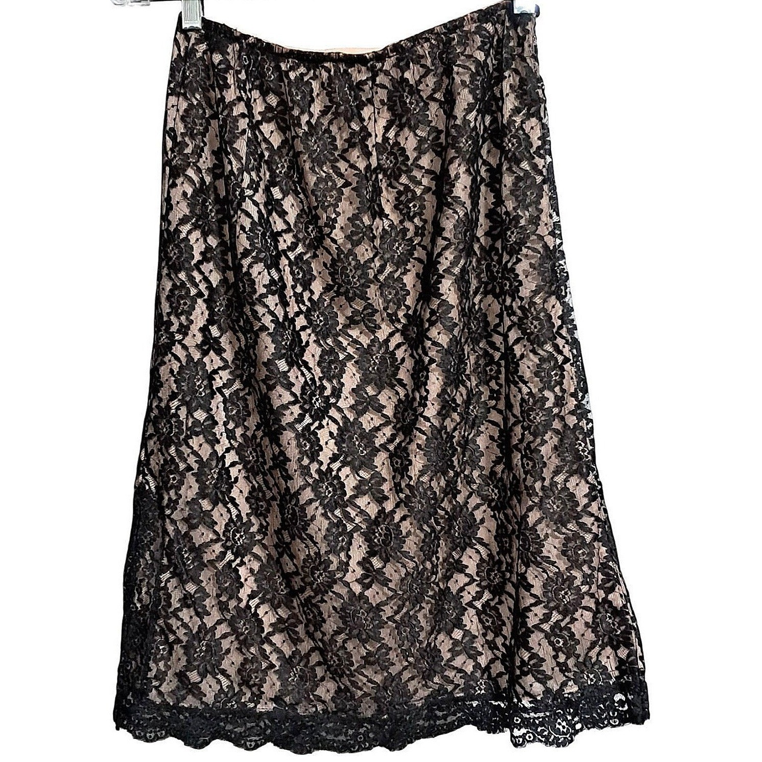 Vintage Vanity Fair Half Slip Skirt Women Medium Black Tan Floral Lace Overlay