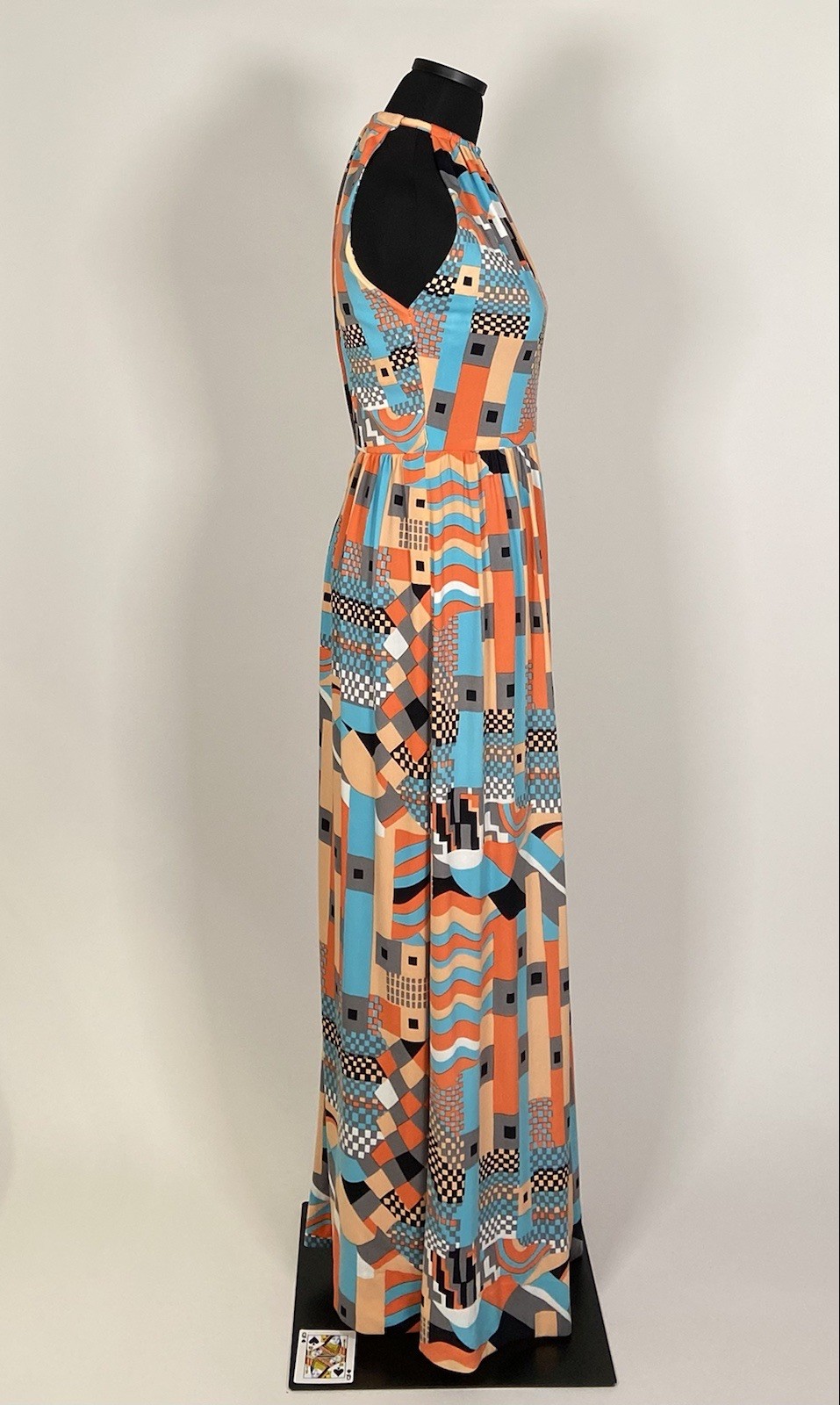 033 1970s Halter dress set, jacket, orange op-art Pat Sandler size XS VG!