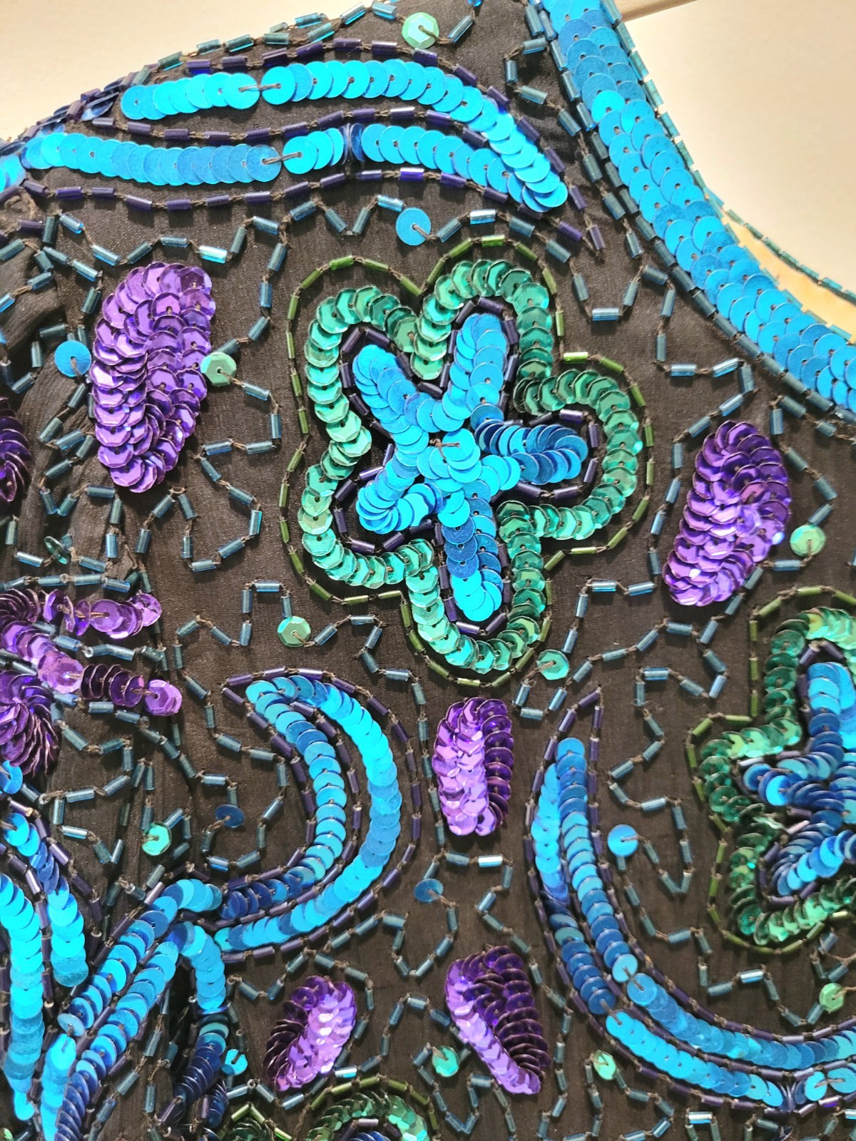 100% SILK Laurence Kazar Vintage Beaded/Sequined Embellished Blouse Blk/Blu PL