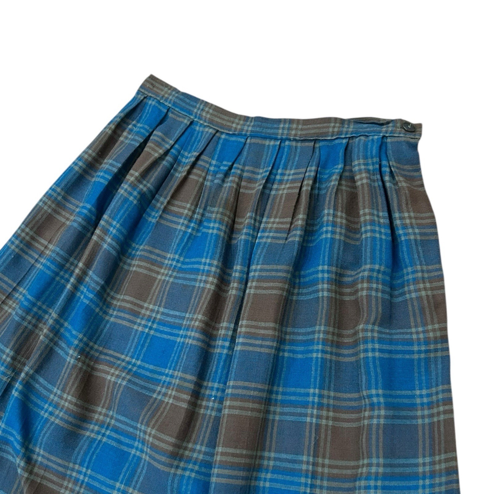 Vintage 50s Blue Brown Plaid Pleated A-Line Skirt Side Zip Mid Century XS