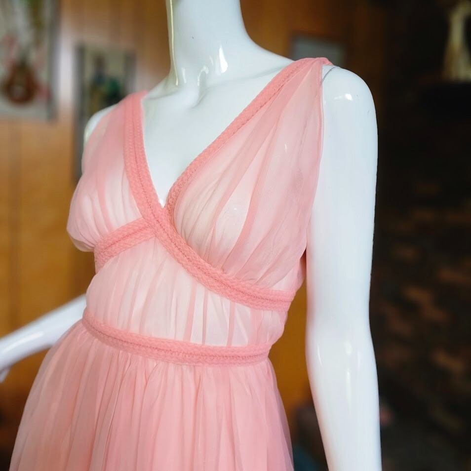 Vtg 60s Candy Pink Sheer Double Chiffon Grecian Pinup Nightie Pajama Dress S/M
