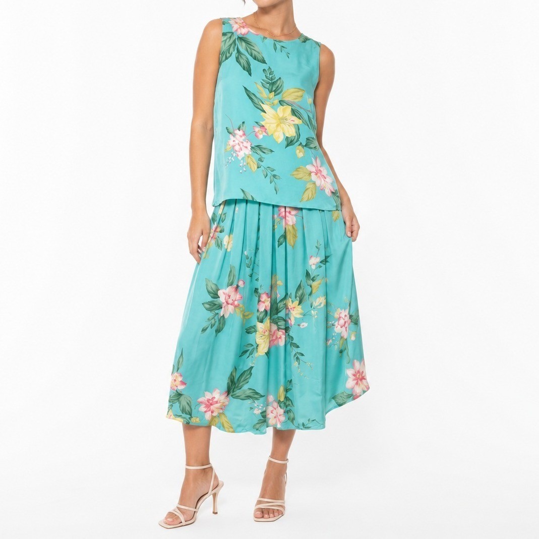 Rena Rowan Skirt Set Women 14 Blue Silk Floral Sleeveless Top Pleated Midi Skirt