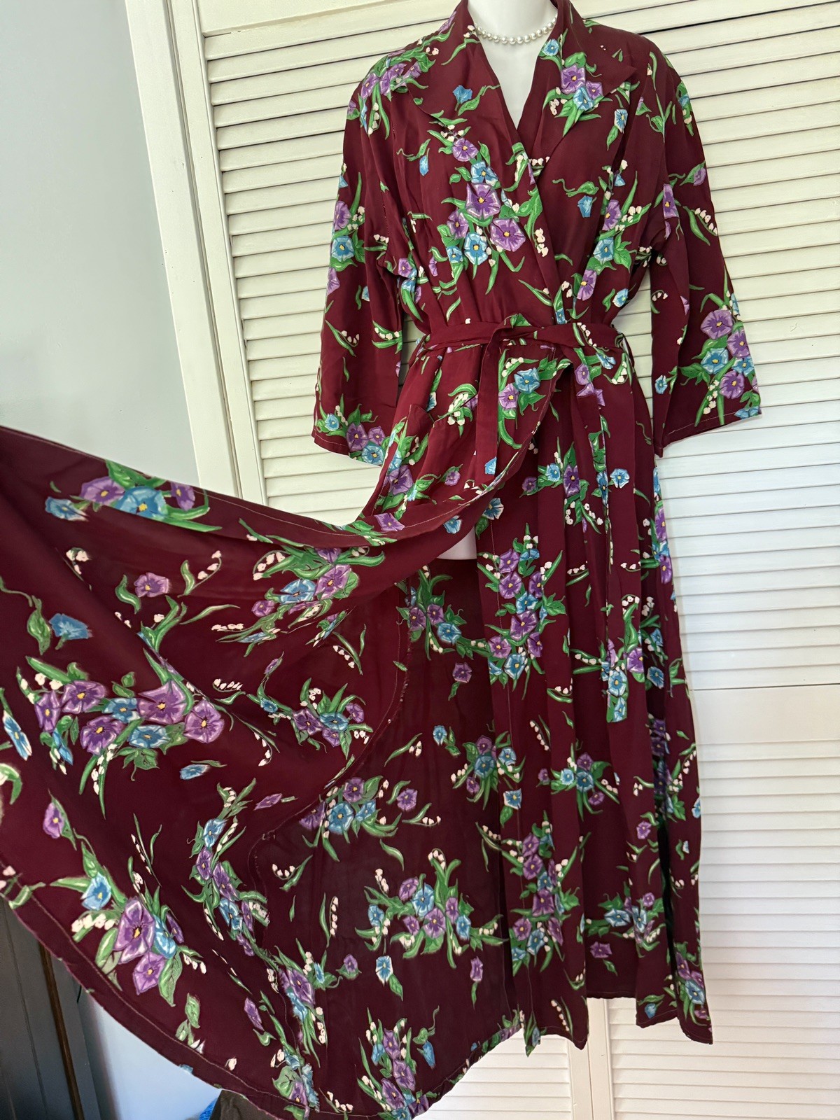 VTG 1940S Old Hollywood Deco Cold Rayon Floral Print Dressing Gown Robe Dress M