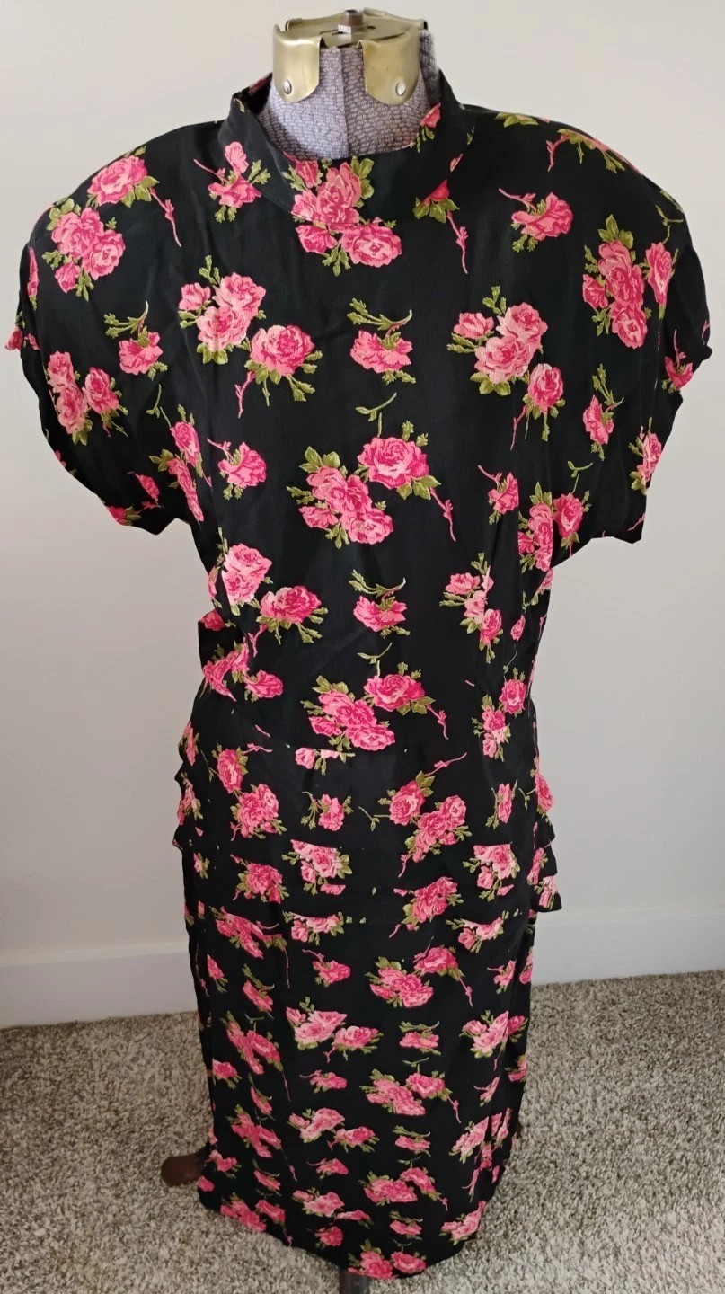 Vtg 80s Floral Print Dress Cap Sleeves Shoulder Pads Peplum Maxi Skirt 8/10