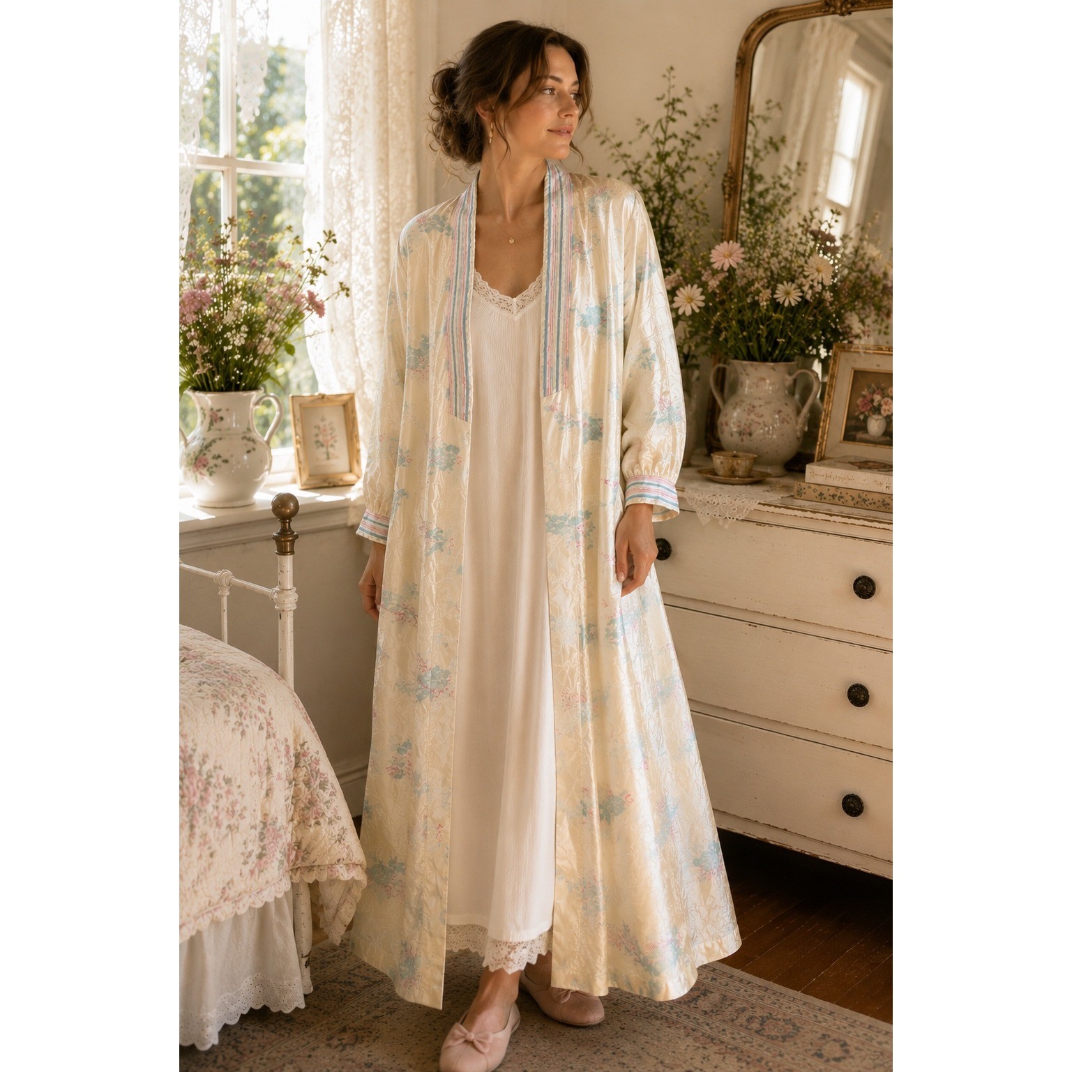 Vintage Reasa Martin Floral Duster Robe Ivory Blue Pink Arnel Nylon Medium USA