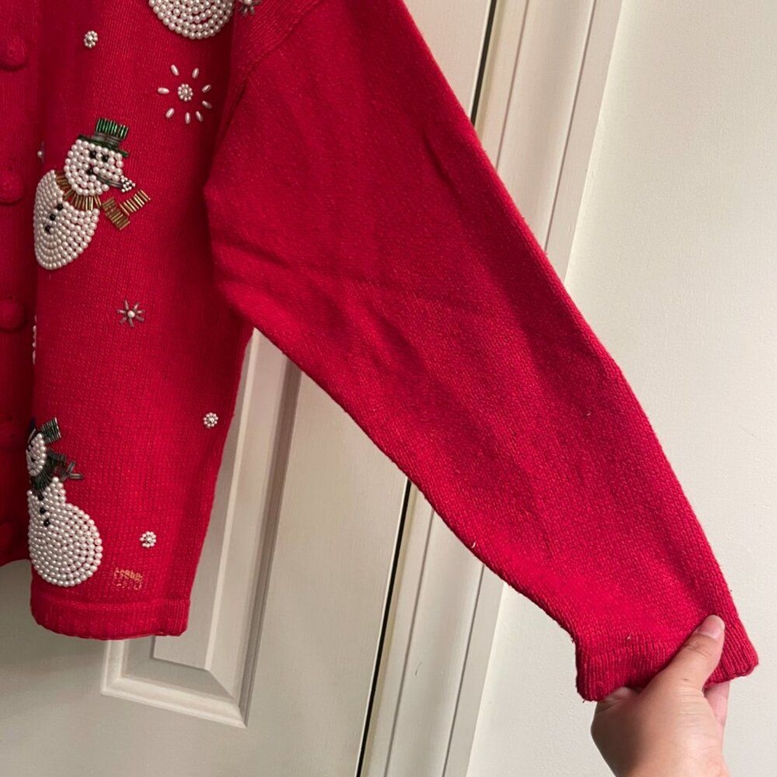 Vintage Bonnie and Bill Red Beaded Snowman Ugly Christmas Cardigan