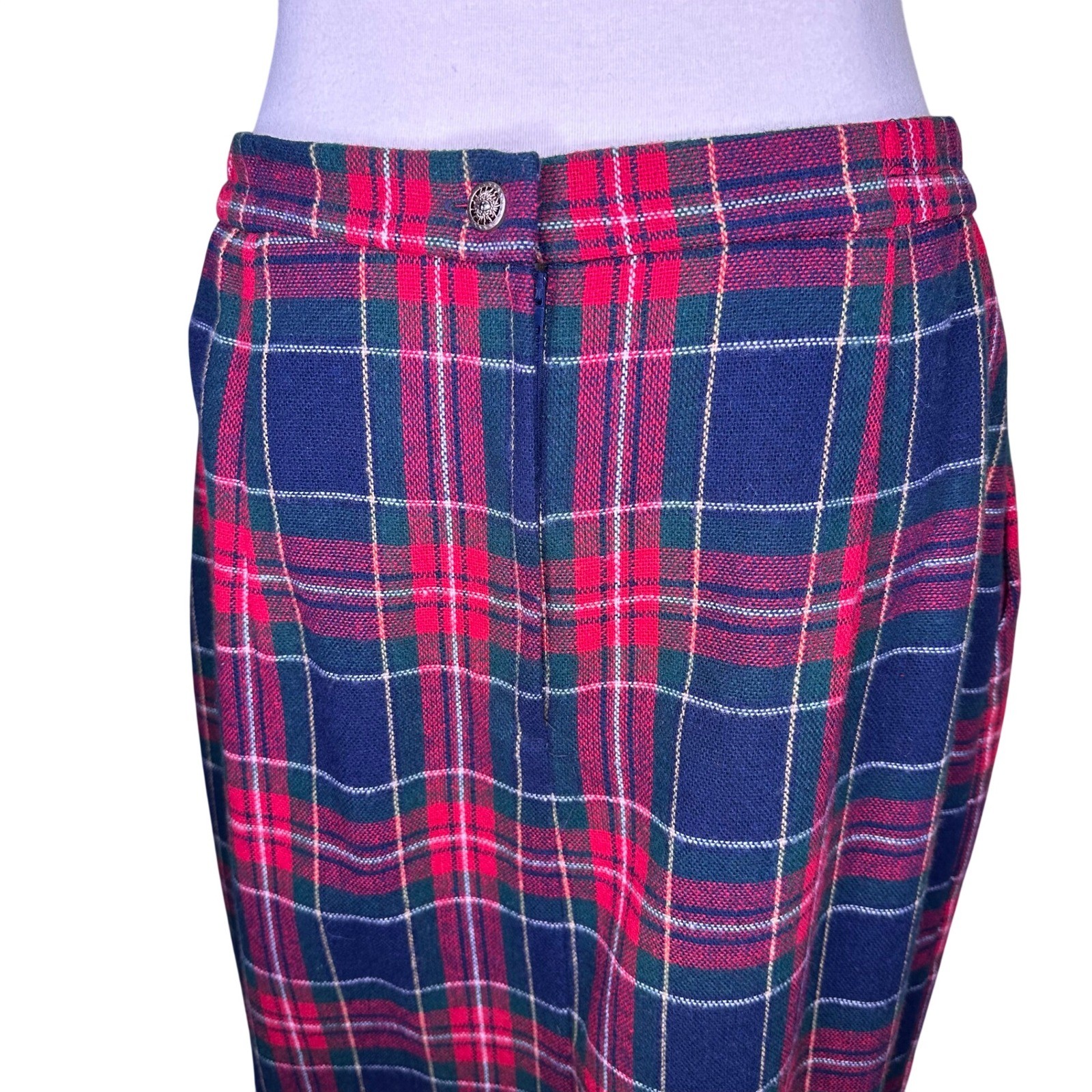 Vintage Tartan Plaid Wool Blend Dark Academia Pencil Skirt Navy Red Green Preppy