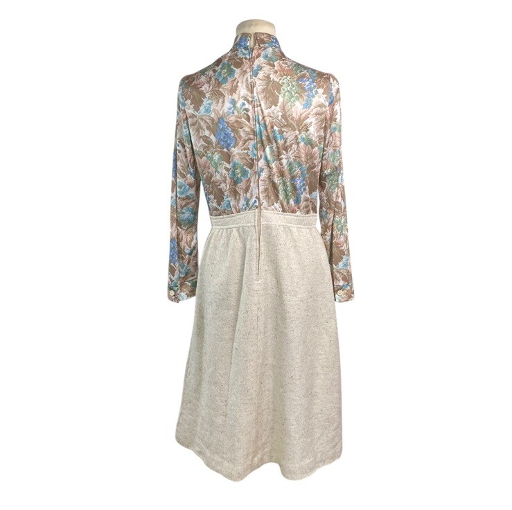 VTG 1970s Costumes By Jerrie Dress Size 14 Floral Beige Long Sleeve