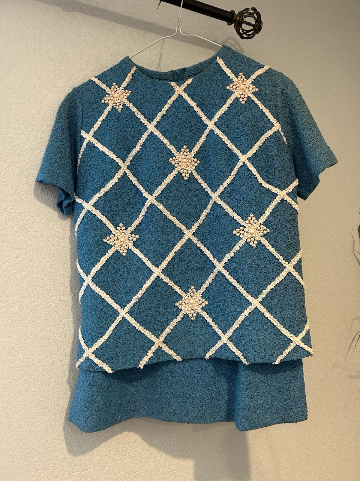 Vintage Apollo Knits 2 Piece Skirt Set Teal Blue Argyle Knits 1960’s Mod Dress