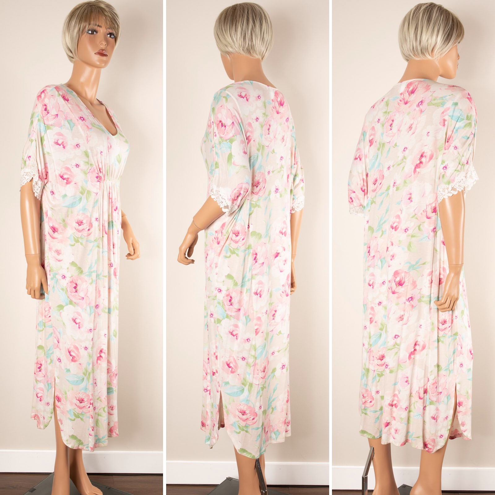 Vtg MISS ELAINE Waffle Knit S Pink Floral Jacket & Nightgown 2 PC Set Belt NWT