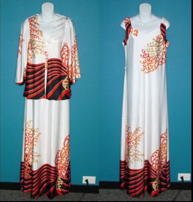 Vtg 70s Malama Sophisticates Hawaii Poly Maxi Dress & Jacket MOD Orange Red S/M