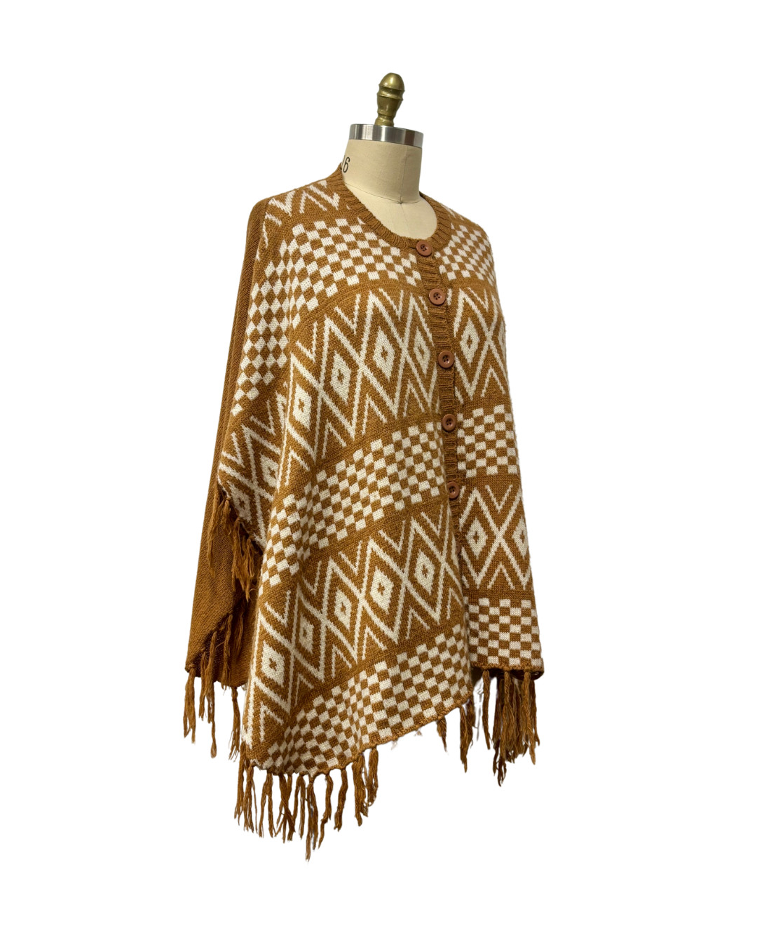 1970s CAMEL CHECKERED & CHEVRON FRINGE PONCHO | WOMEN’S CAPPUCCINO PONCHO