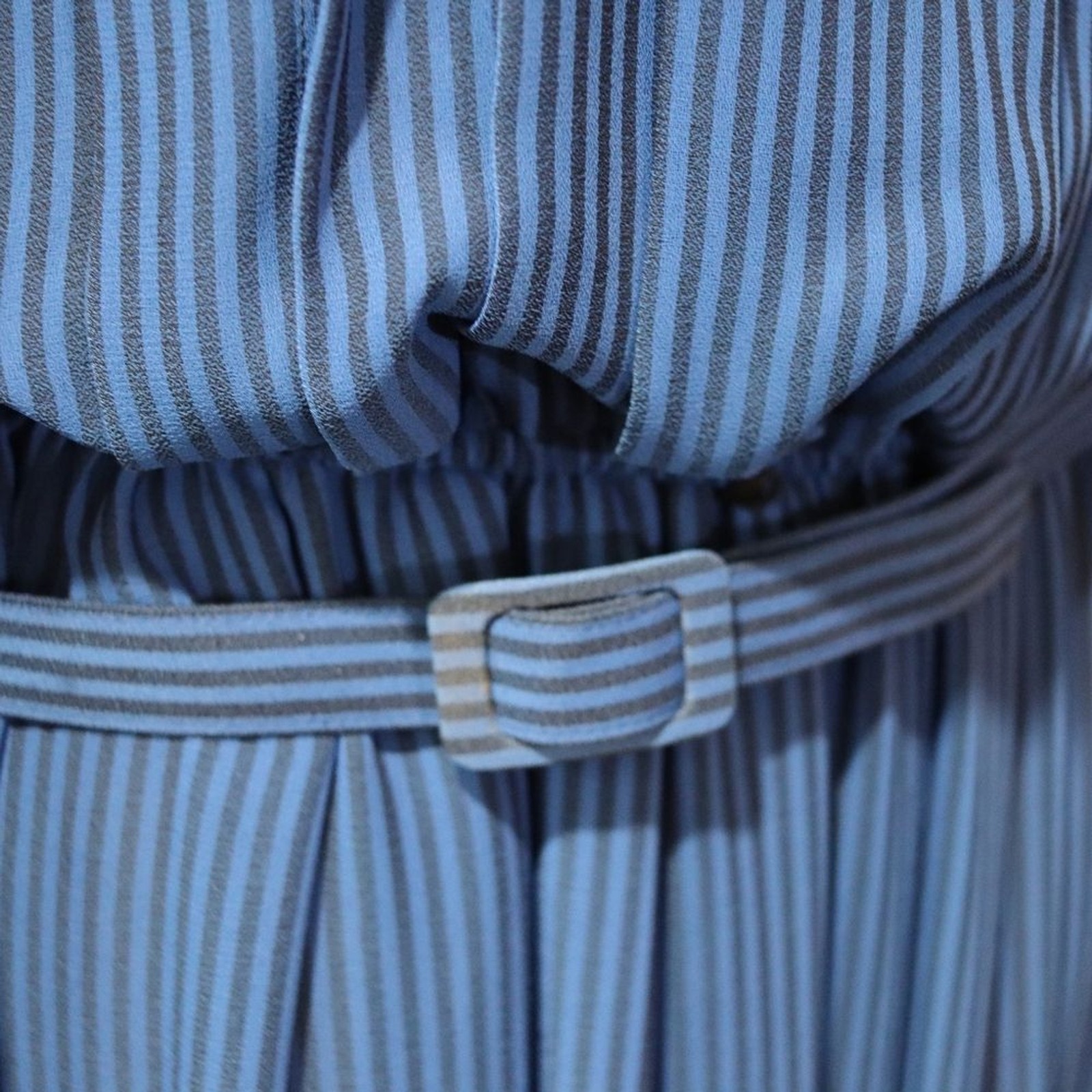 True Vintage 80s Liz Roberts Blue Striped Midi Dress – Size 14 – Made in Korea