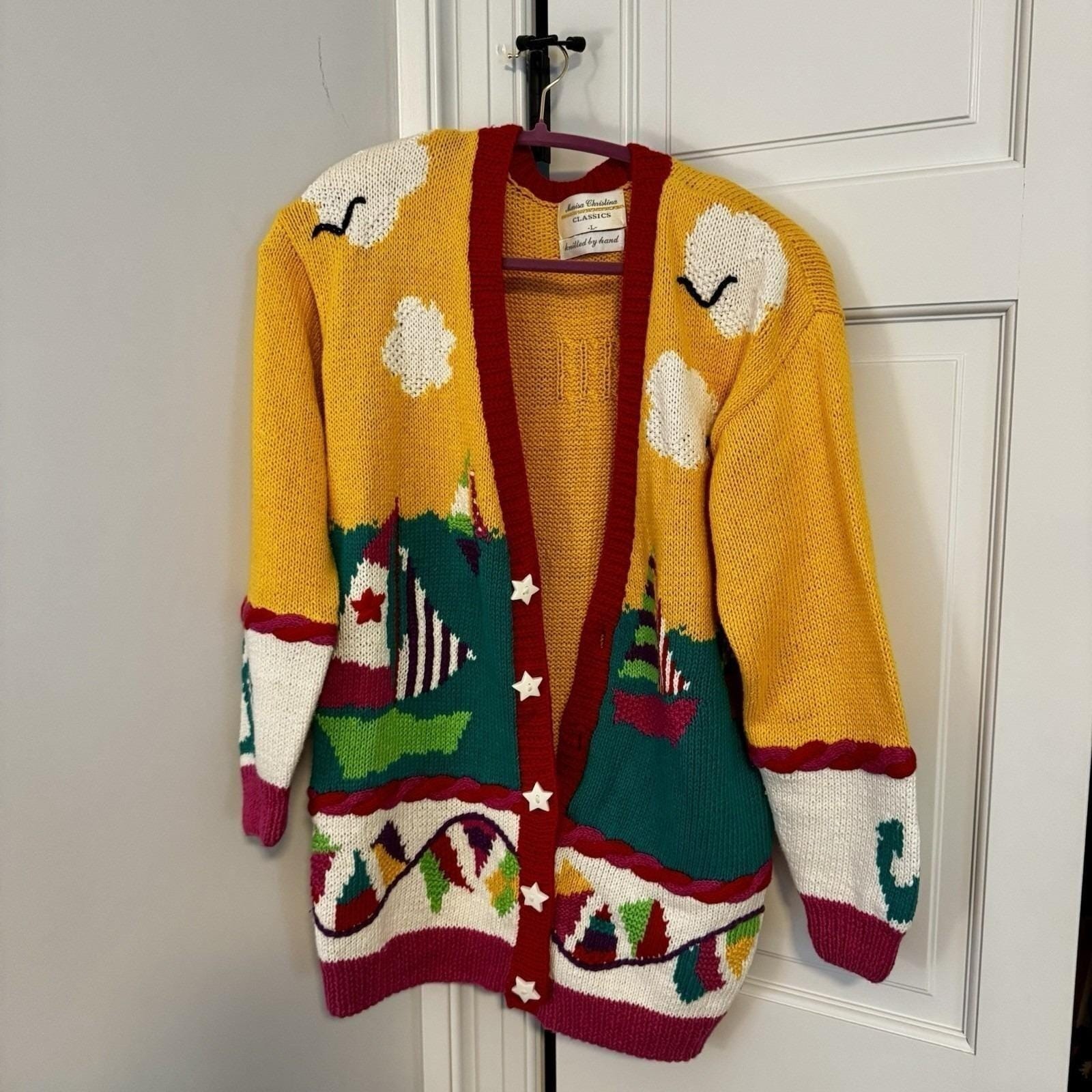 VTG Marisa Christina Hand knitted Long Line Cardigan XL GrandmaCore Nautical