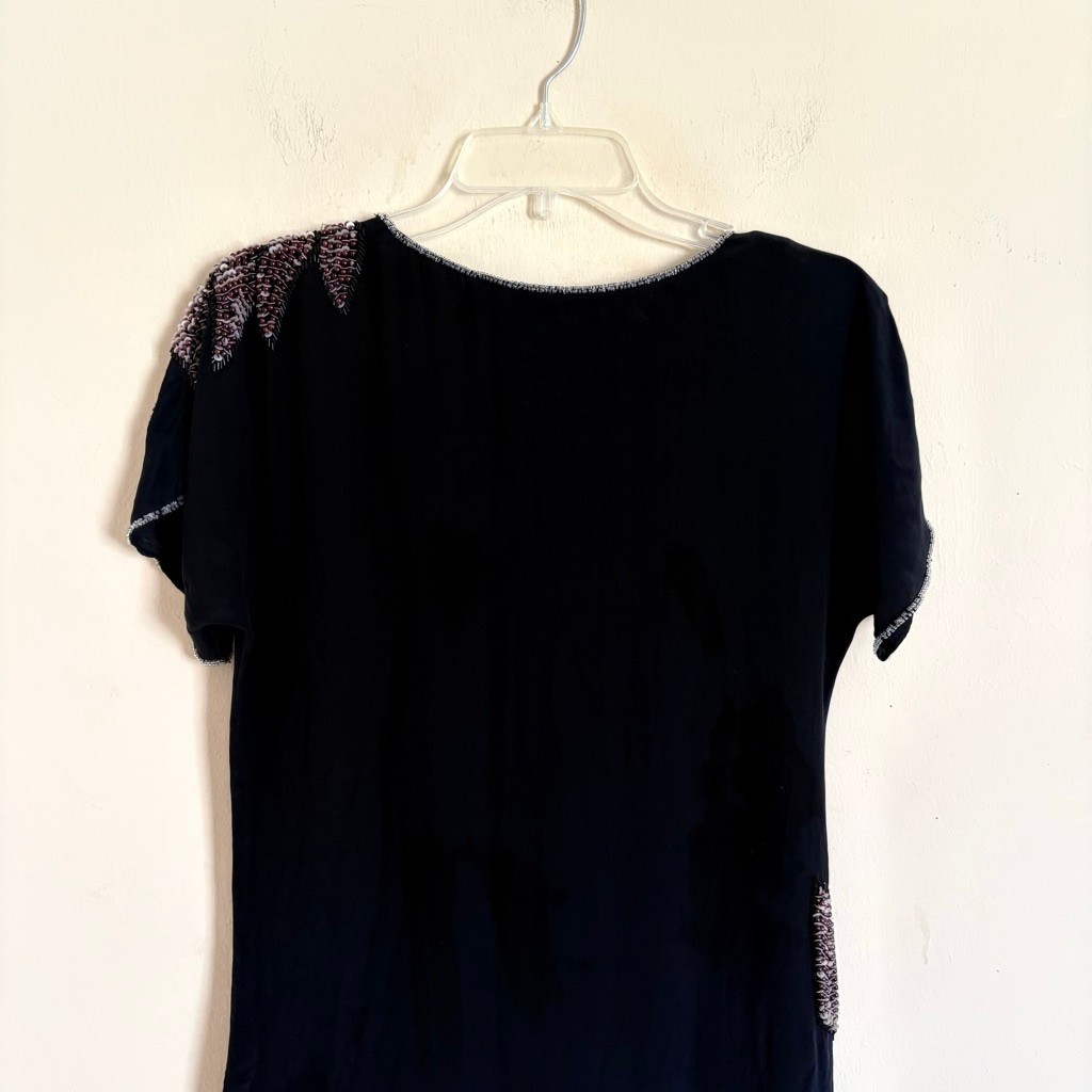 Beyond Vintage Silk Beaded Leaf Mini Dress Black XS Style 347