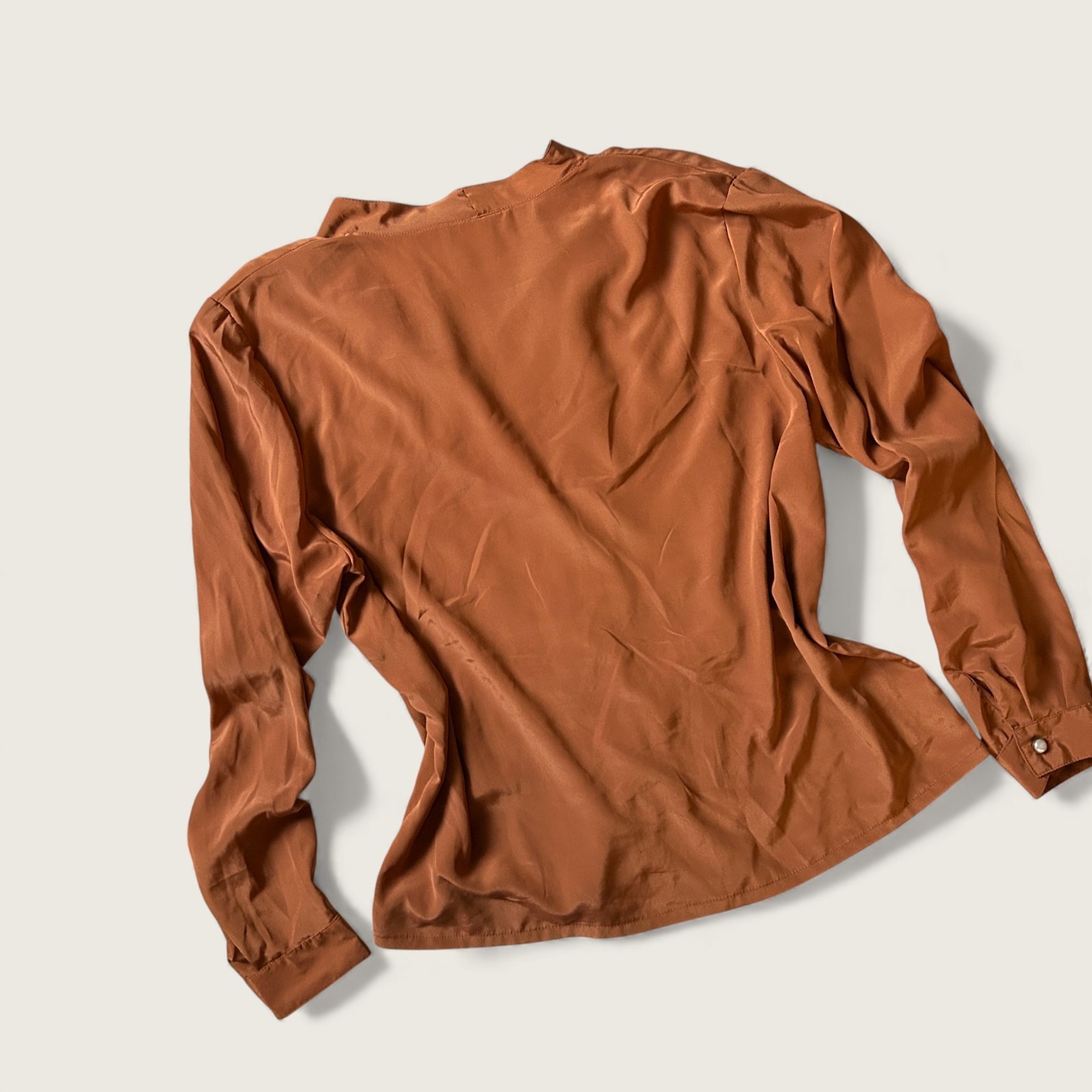 Vintage Impressions of California Rust Orange Silky Blouse Asymmetrical Collar