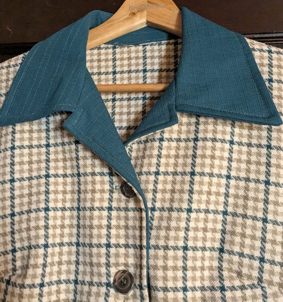 Vintage Handmade 70s Mod Plaid Shirt Dress Teal Collar Cuffs A-Line Retro Style