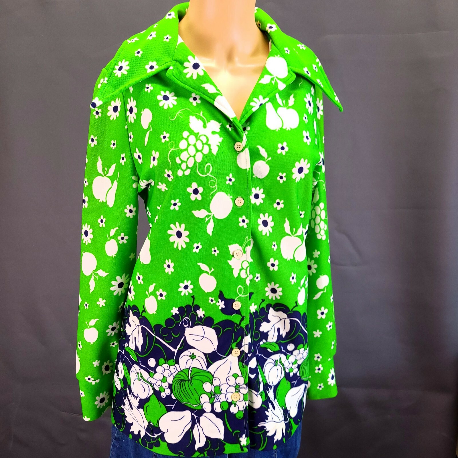Vintage 70’s Russ Button Up Green And Blue Shirt Floral Pattern Sz L