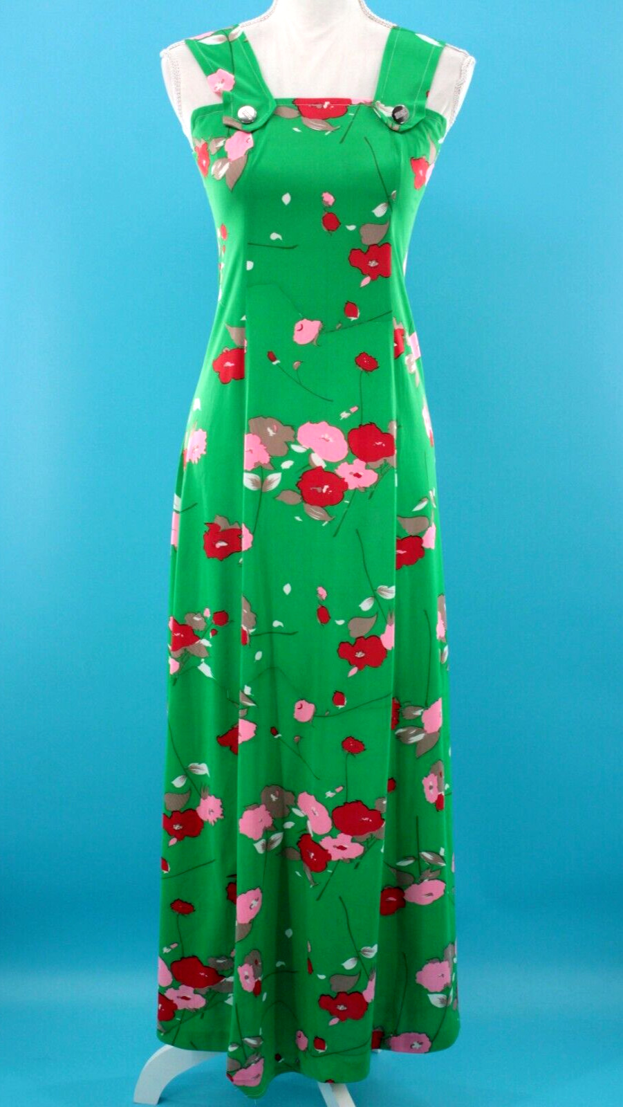VTG Women’s 70s Bright Green Pink & Red Floral Maxi Dress Sz S/M 1970s Polyester